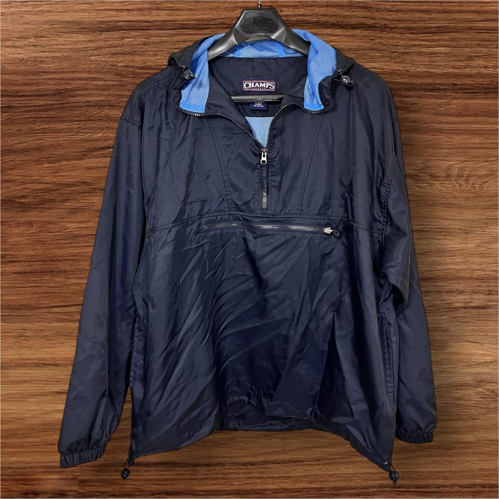 Champs Men’s Blue 1/2 Zip Windbreaker/Rain Jacket Pullover with hood. Size XL